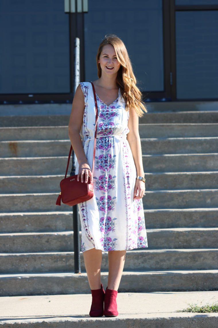 midi dress, tassel bag, maroon, curly hair