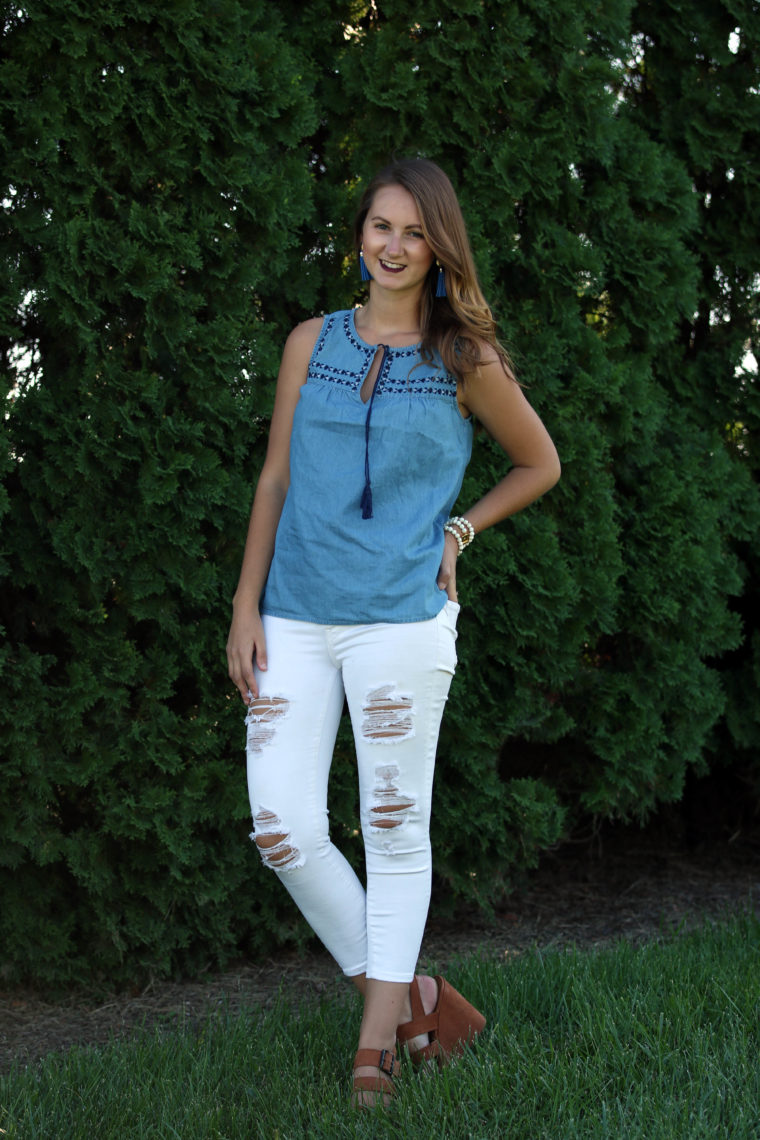 embroidered swing tank, blue top, tassels