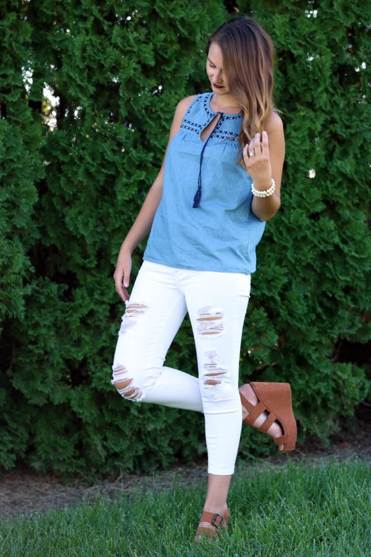 white denim jeans, suede wedges, denim top, tassels