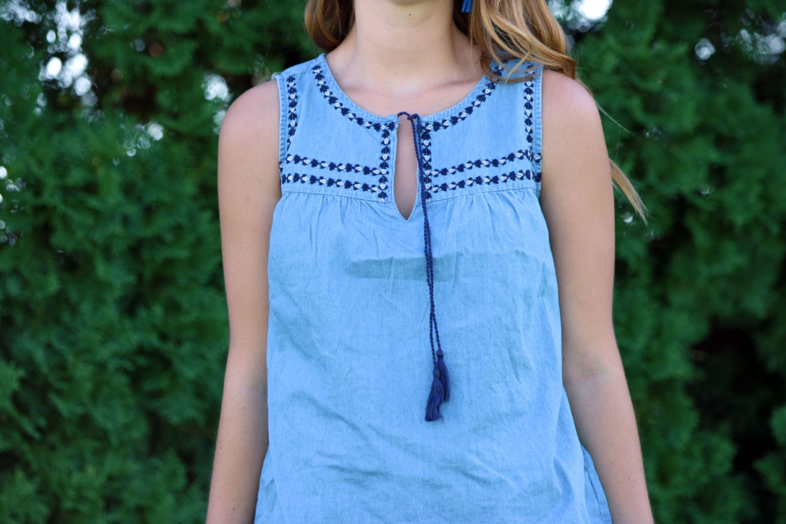 embroidered swing top, Old Navy, curly hair