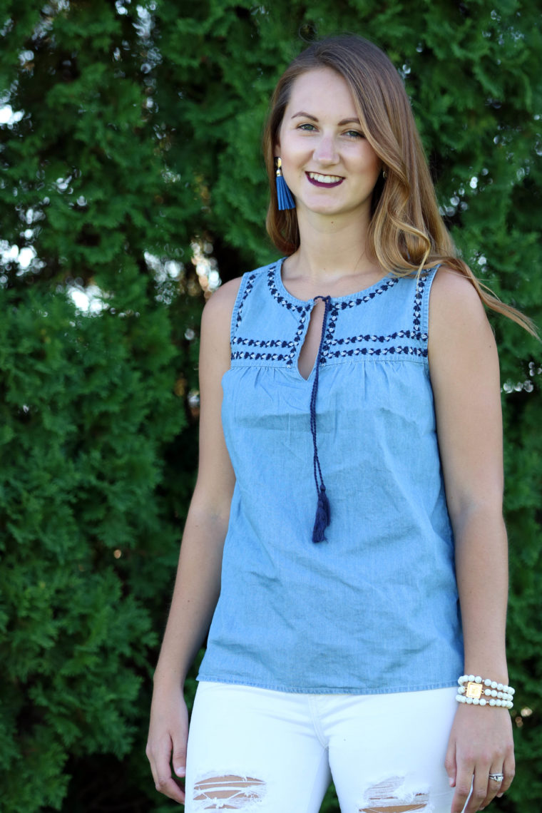 tassel earrings, embroidered swing top, curly hair