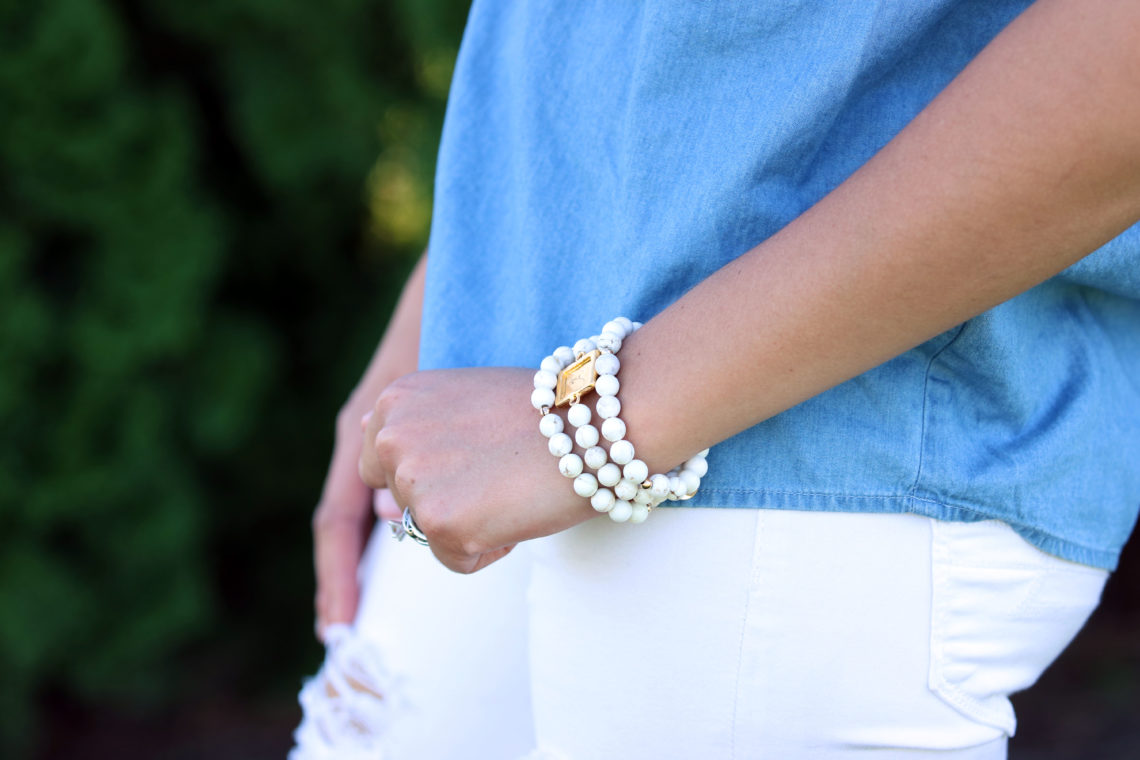 denim tank, bracelet set, white bracelet