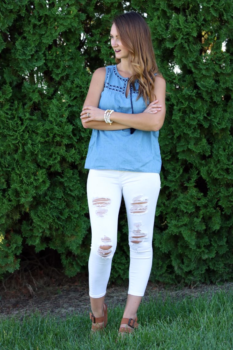 white denim jeans, swing tank, tassels, curly hair