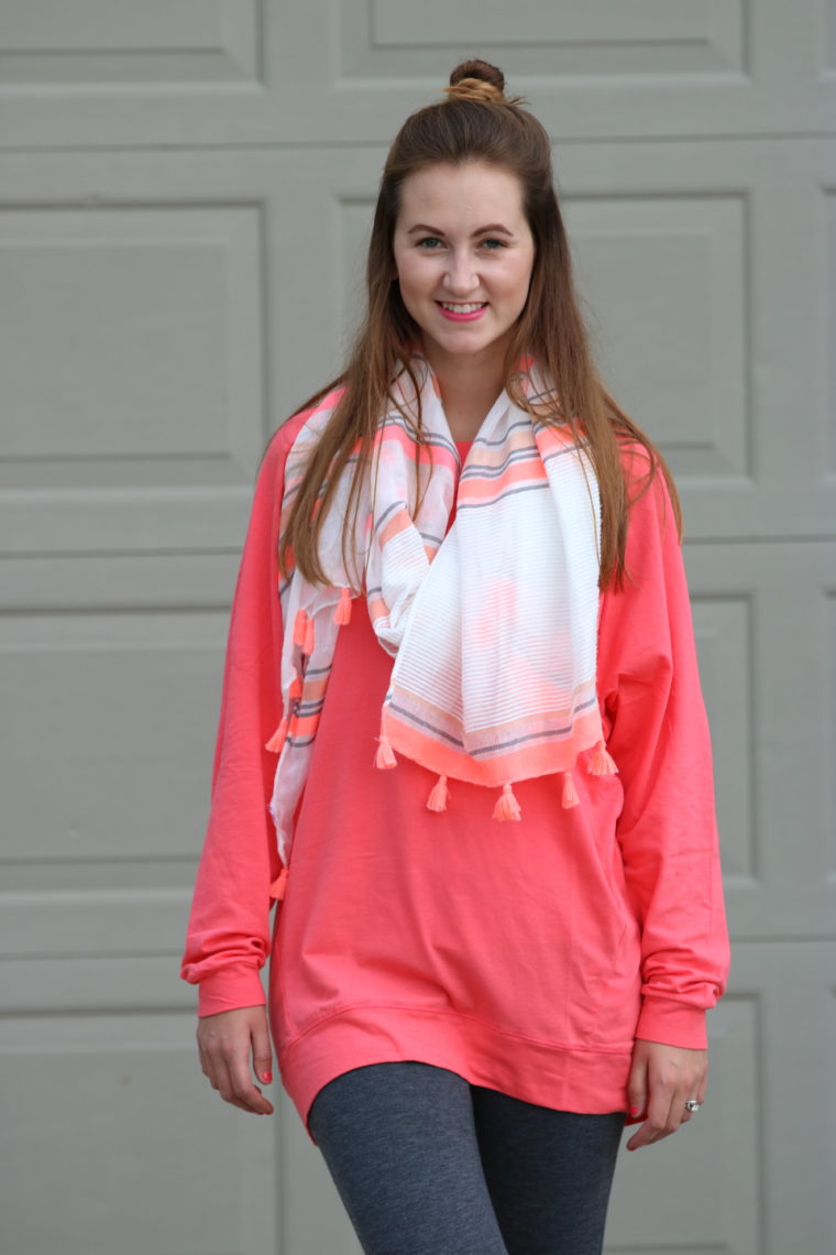 tassel scarf, coral slouchie, top knot, comfy look