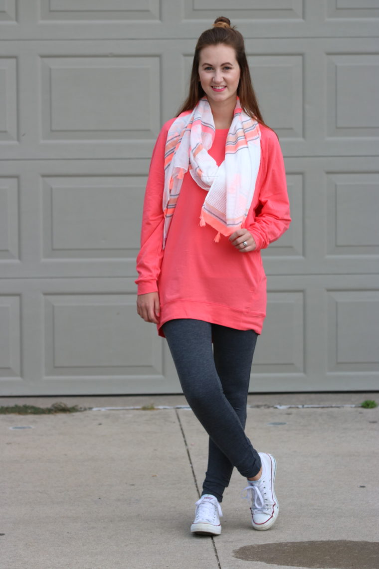 coral slouchie, tassel scarf, converse, top knot