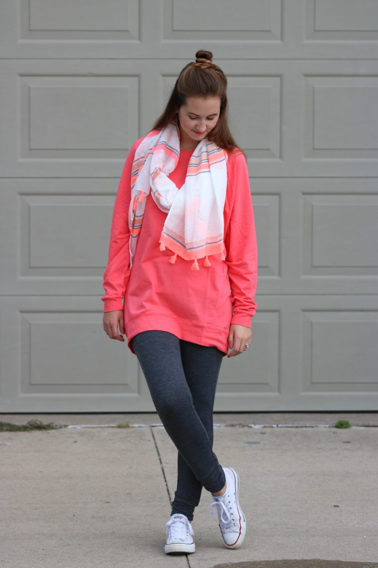 comfy clothes, top knot, tassel scarf, grey leggings