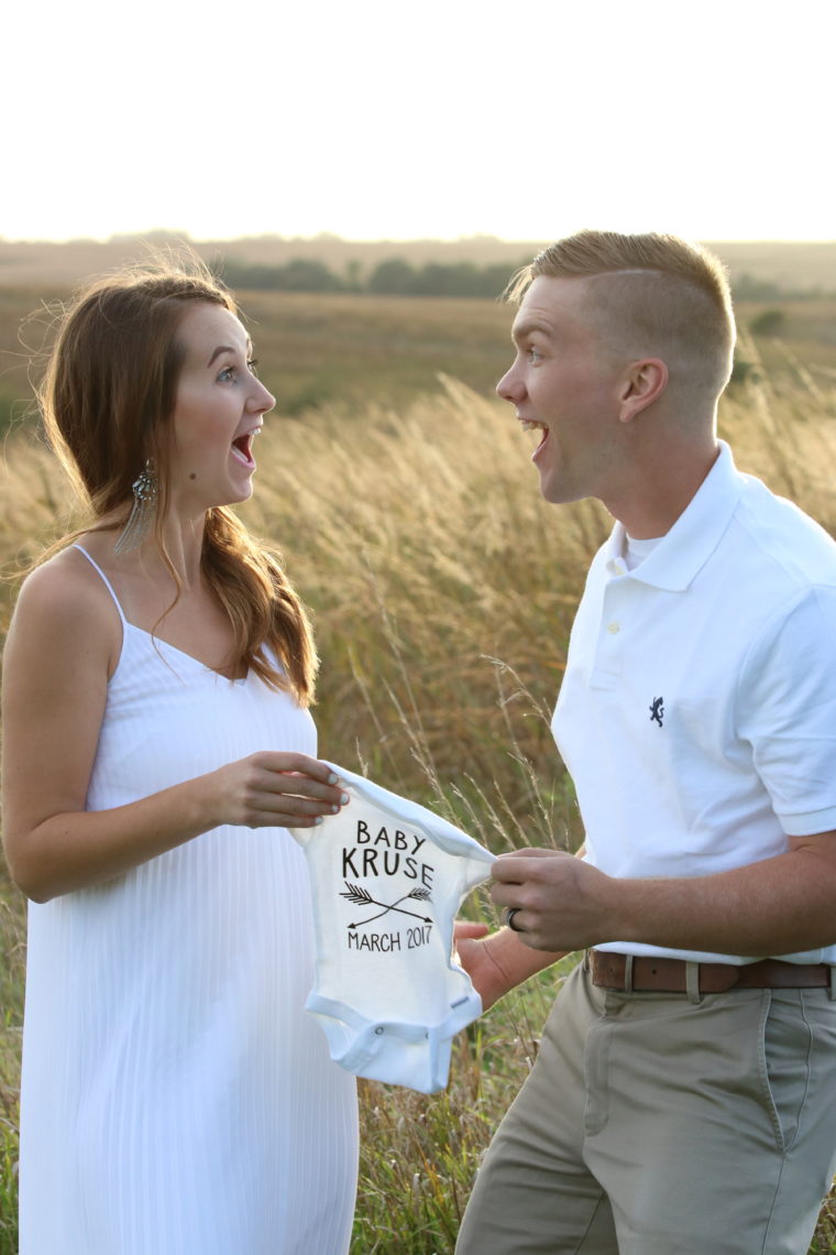 we're expecting!, Surprise!, March baby, pregnancy announcement, white maxi dress