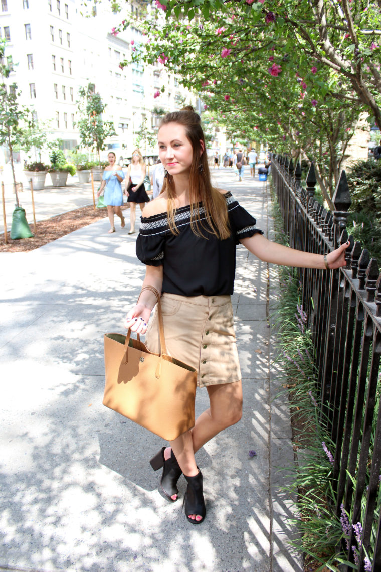 Tory Burch tote, brown handbag, nyfw, suede skirt, off the shoulder top