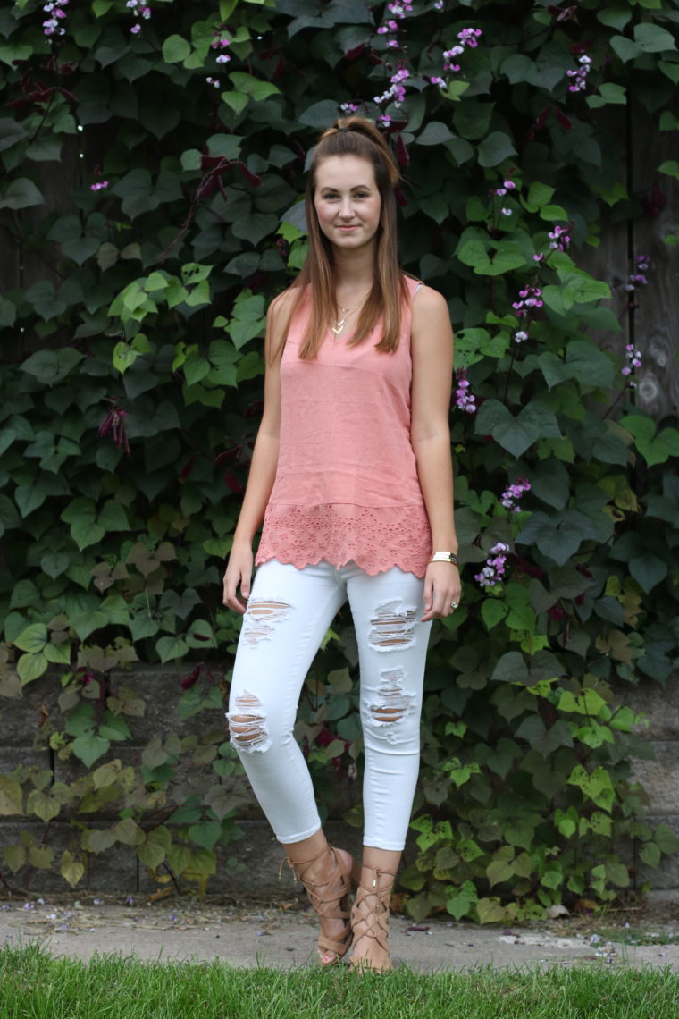 eyelet top, white after Labor Day, white jeans