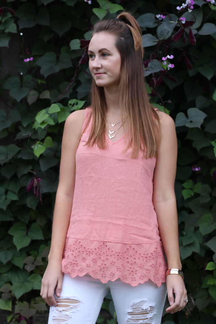 coral tank, eyelet detailing, white jeans