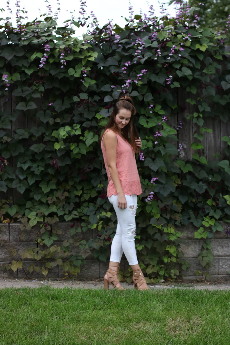 purple flowers, eyelet tank, summer, top knot, lace up sandals