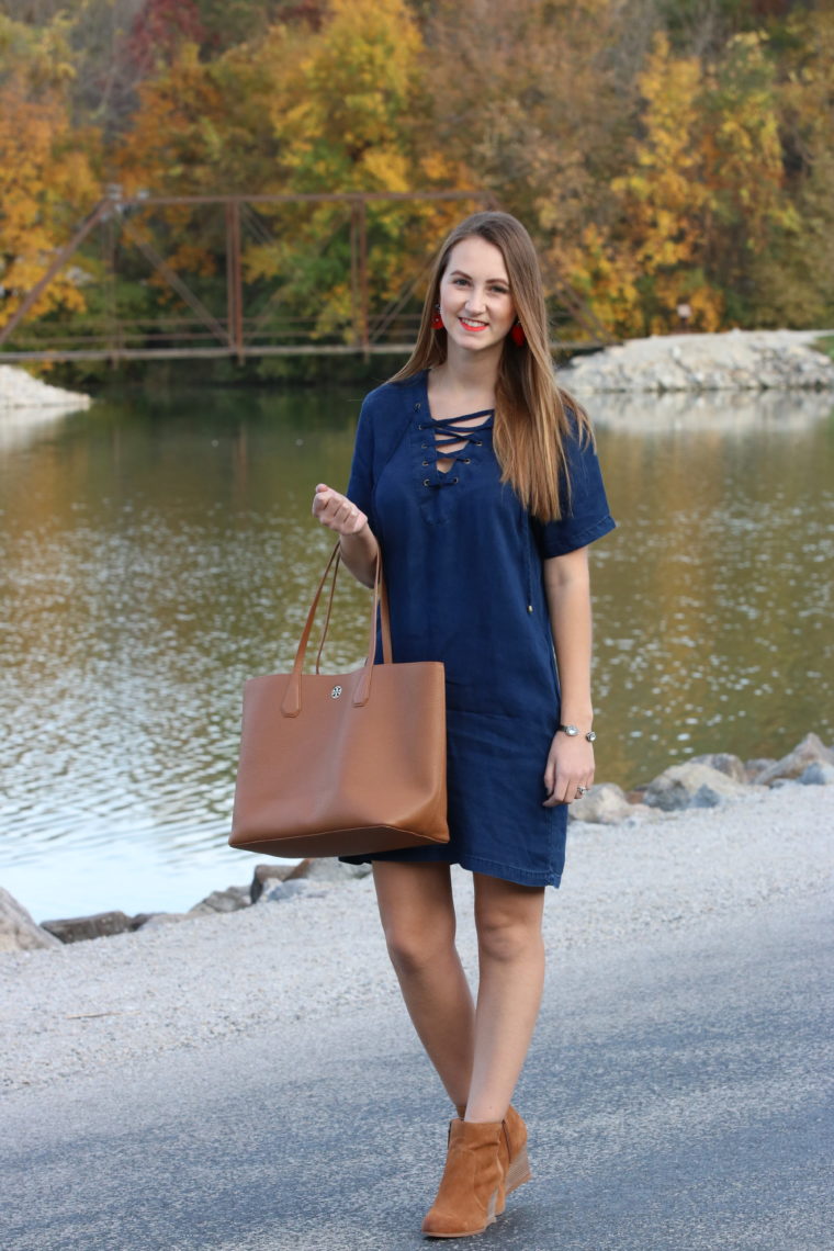lace up dress, tan booties, Tory Burch tote, Kent Park, Iowa, fall outfit