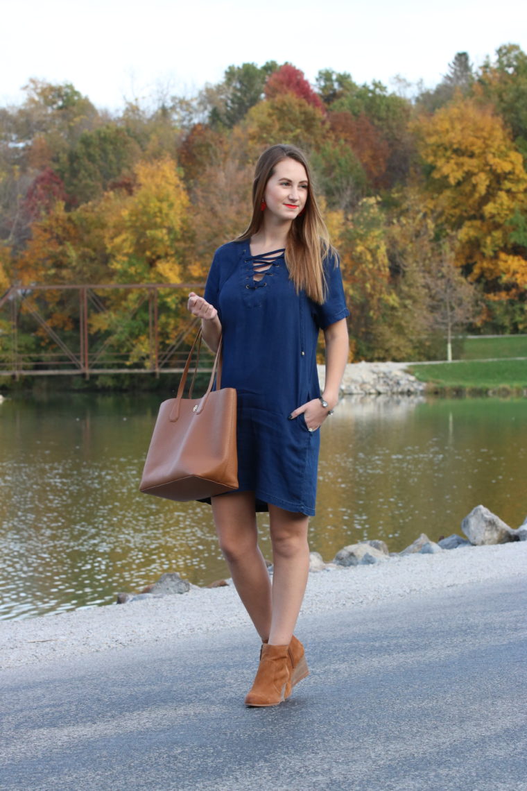 booties, denim dress, brown bag, fall look, fall