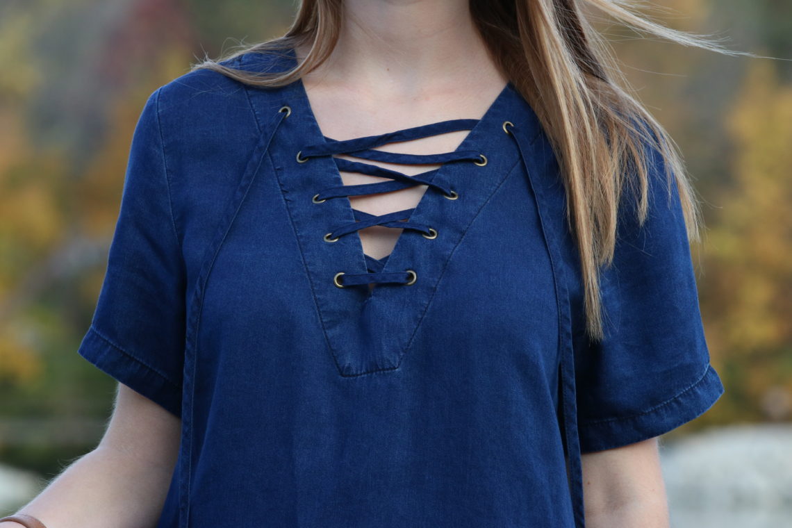 lace up dress, denim dress, Francescas, fall look