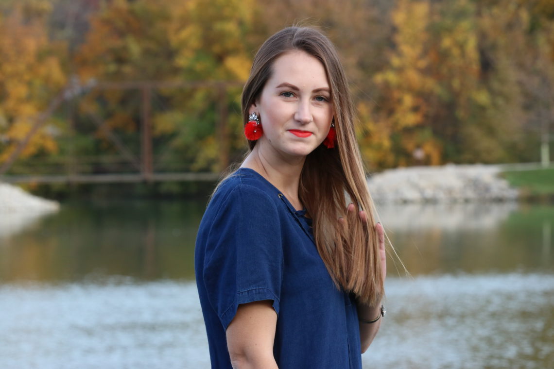 orange earrings, Baublebar earrings, denim dress