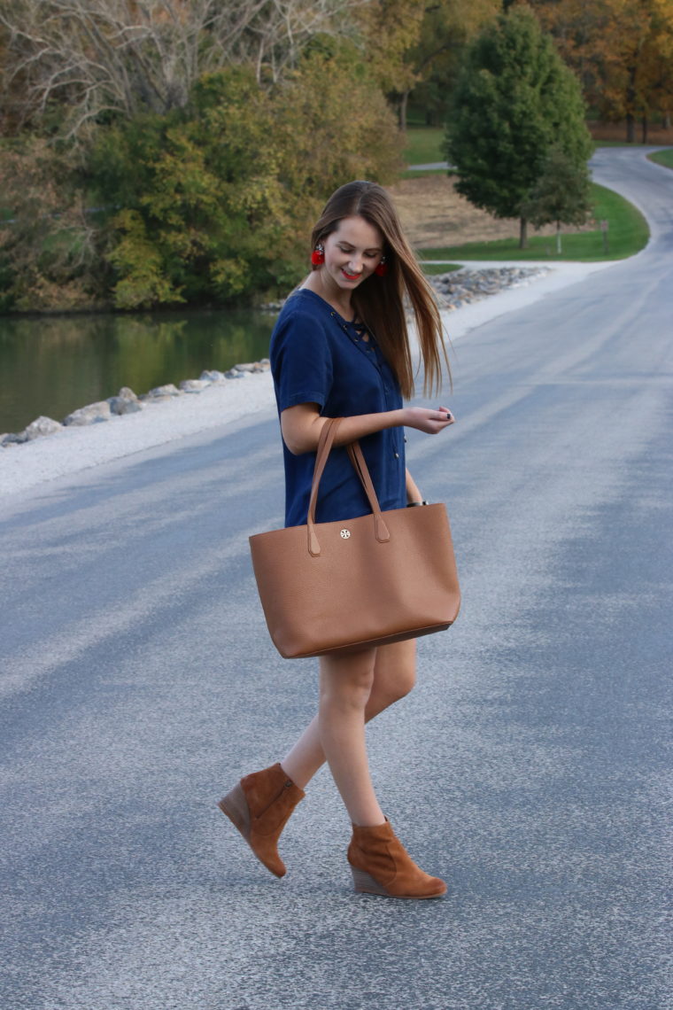perry tote, lace up dress, fall look, brown booties, Kent Park, Iowa, fall 