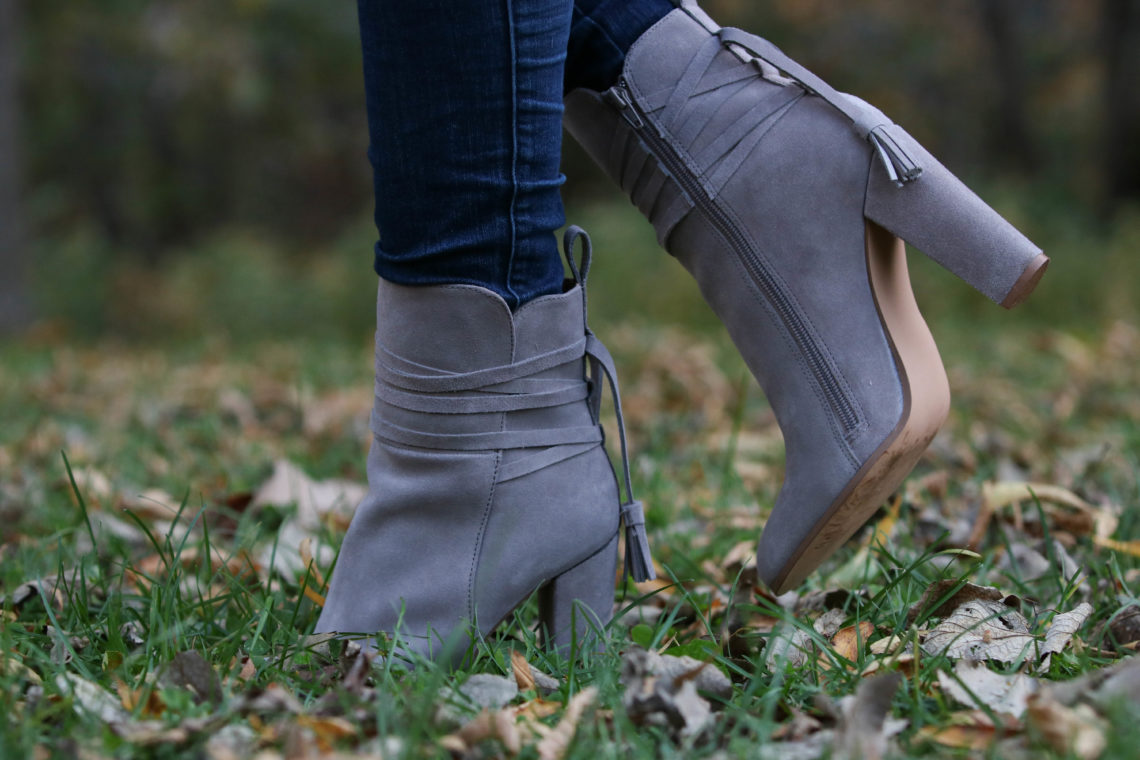 grey booties, Steve Madden booties, fall, leaves