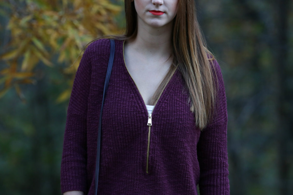 zip up sweater, purple sweater, orange lips, fall, yellow leaves