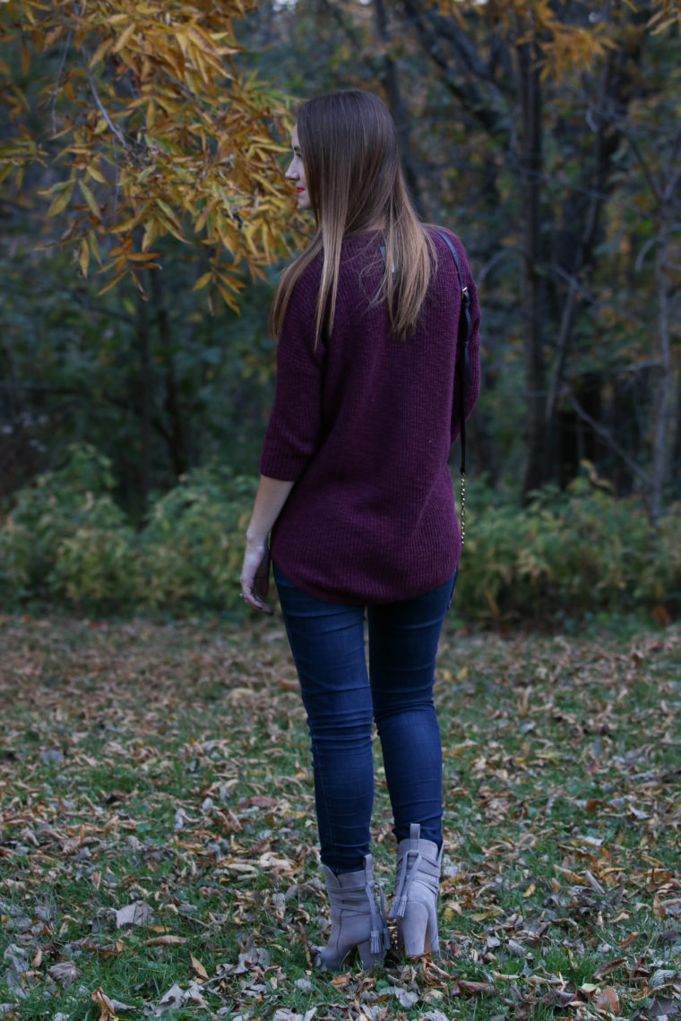 grey booties, purple sweater, fall, Kent Park, Iowa, yellow leaves