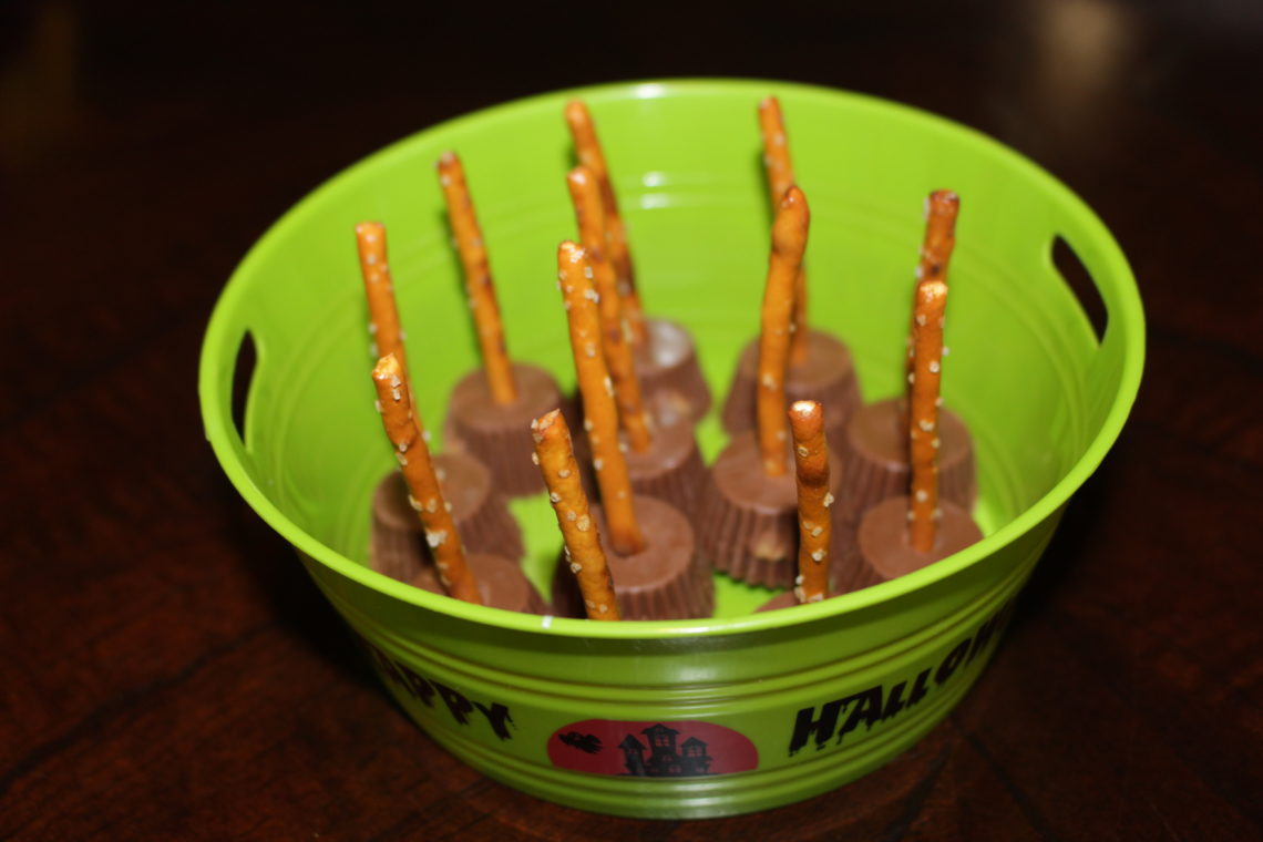 reese's, pretzels, witch brooms, Halloween treat