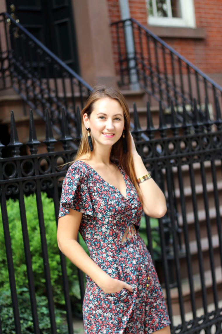 tassel earrings, floral romper, NYFW, Taudrey Jewelry