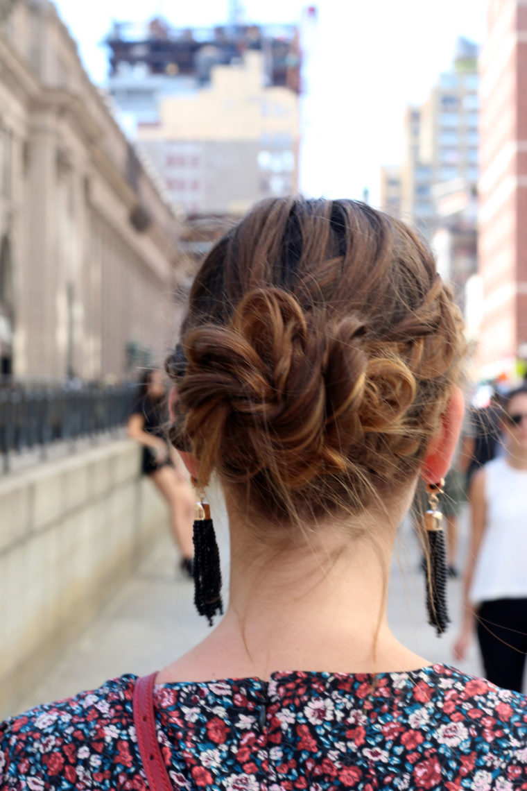 tassel earrings, braid bun, crown braid, Moynihan Station, New York Fashion Week, Tresemme