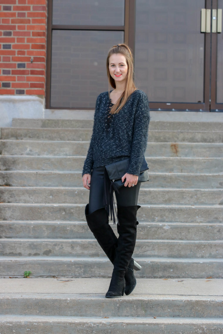 lace up sweater, OTK boots, black look, suede boots