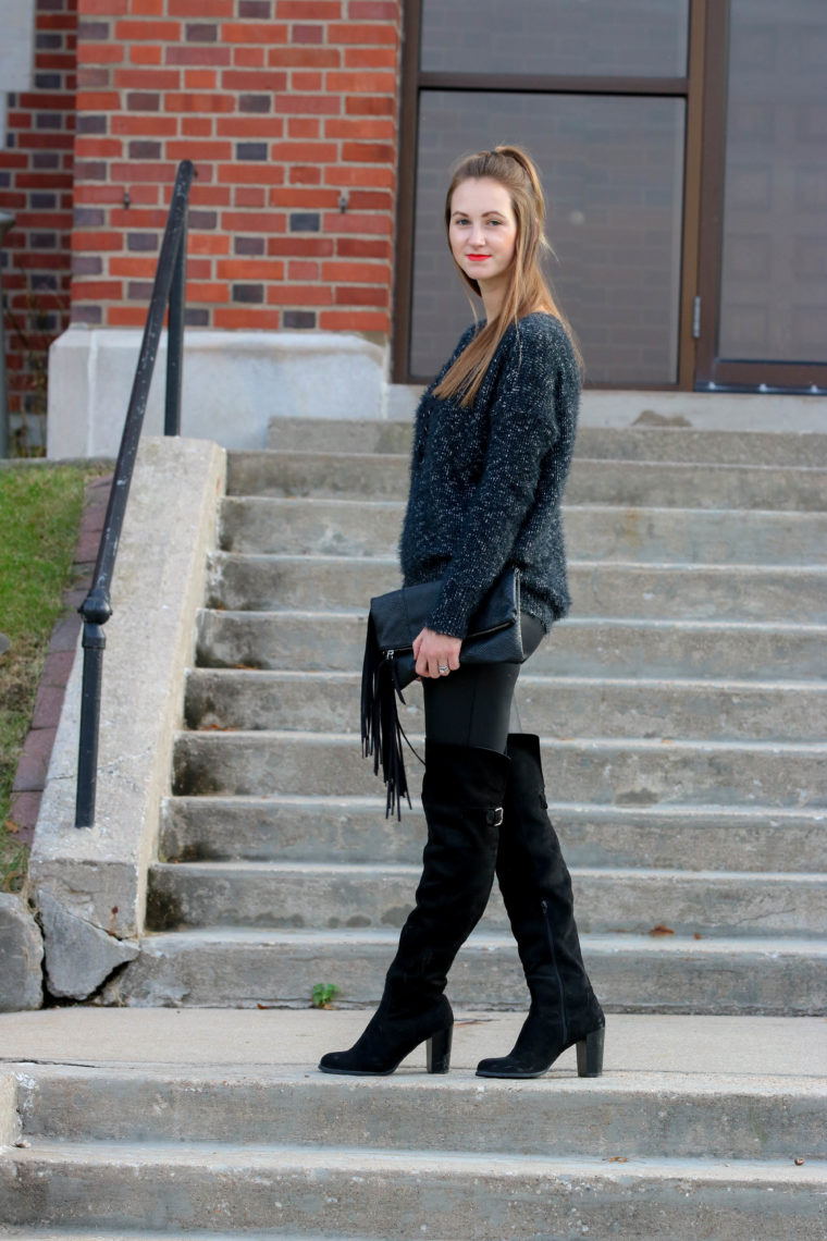 over the knee boots, leather leggings, black boots, lace up sweater, top knot