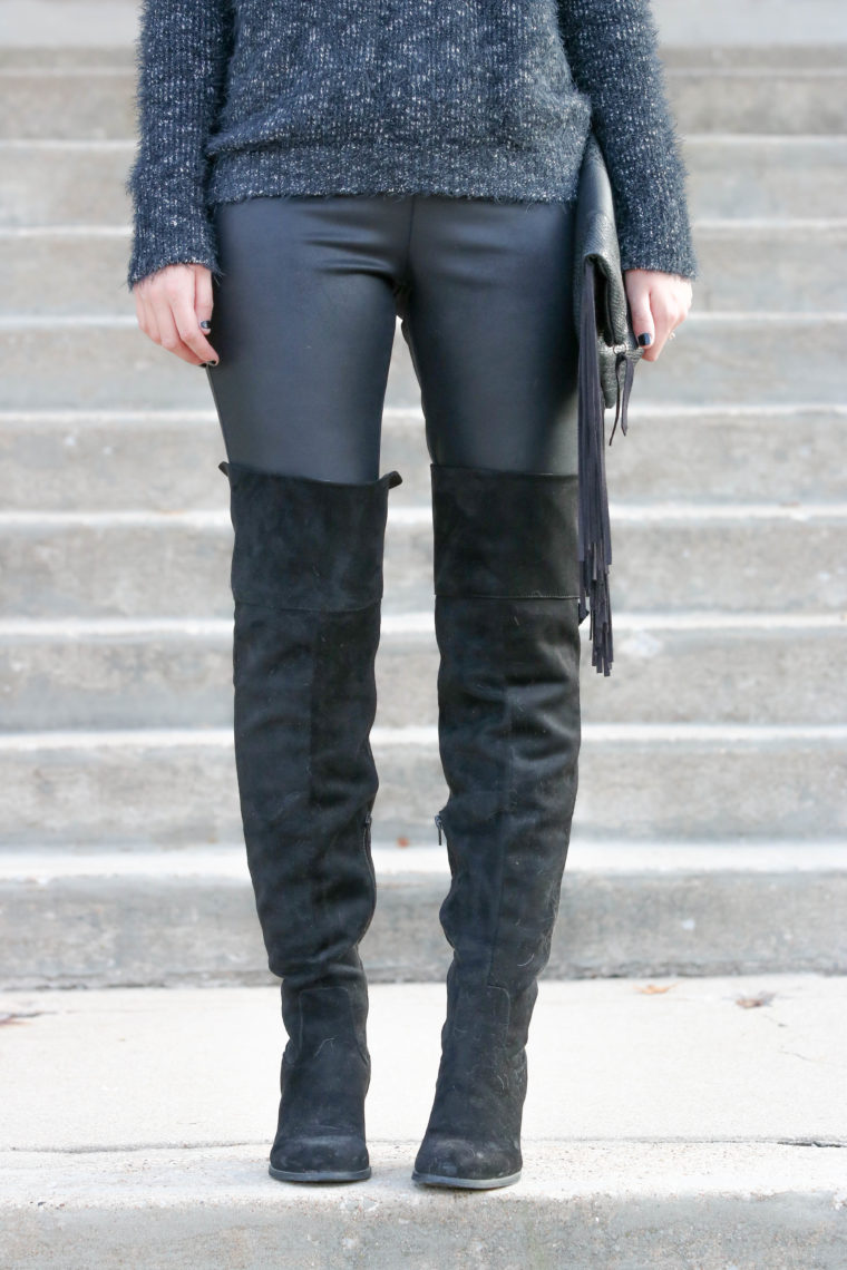 OTK boots, suede boots, black leather leggings, fall look 