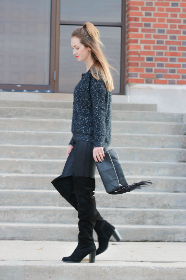 over the knee boots, fuzzy sweater, fringe clutch, fall outfit