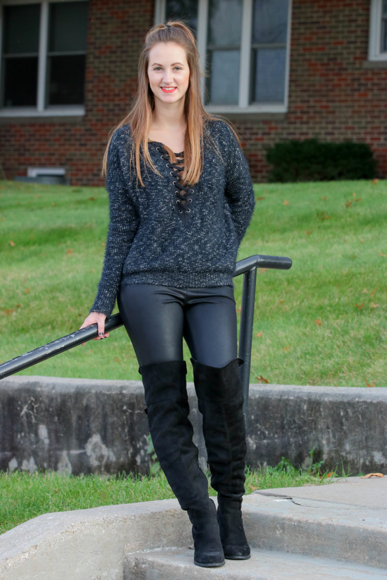 suede boots, lace up sweater, fall look, Express top 