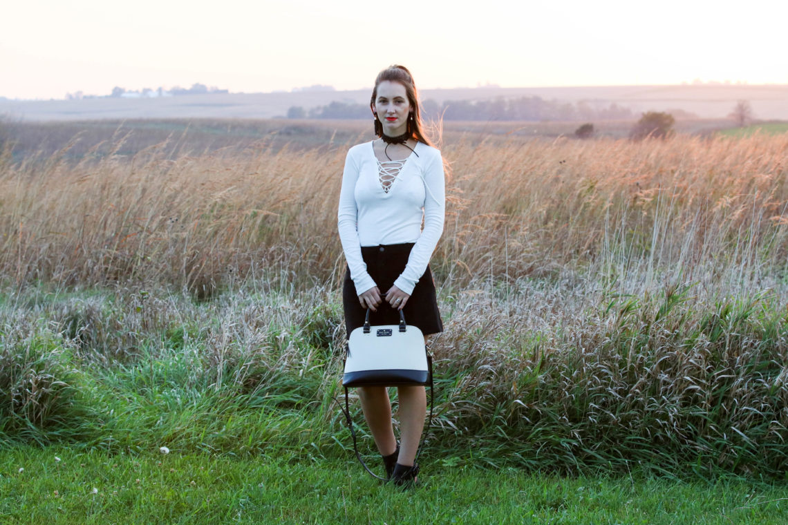 suede skirt, lace up top, booties, sunset, black and white look 