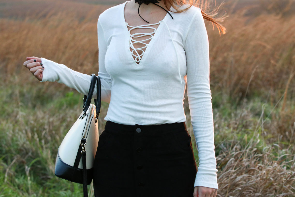 lace up top, black suede skirt, black and white outfit