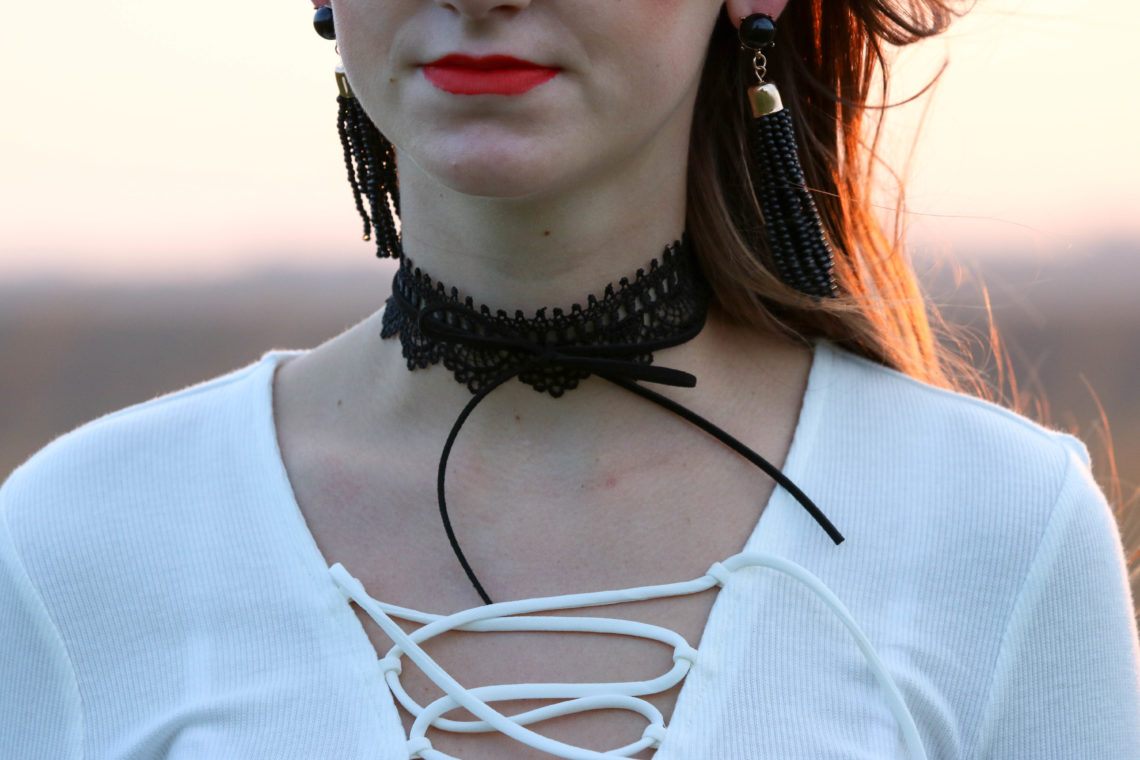 lace up top, lace choker, Baublebar, NYX lipgloss, tassel earrings