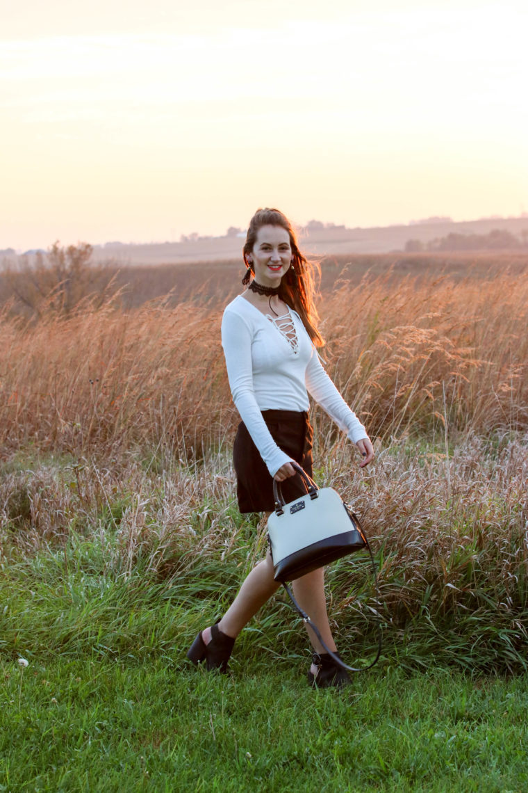 Iowa sunset, black and white look, lace up top, black booties, suede skirt