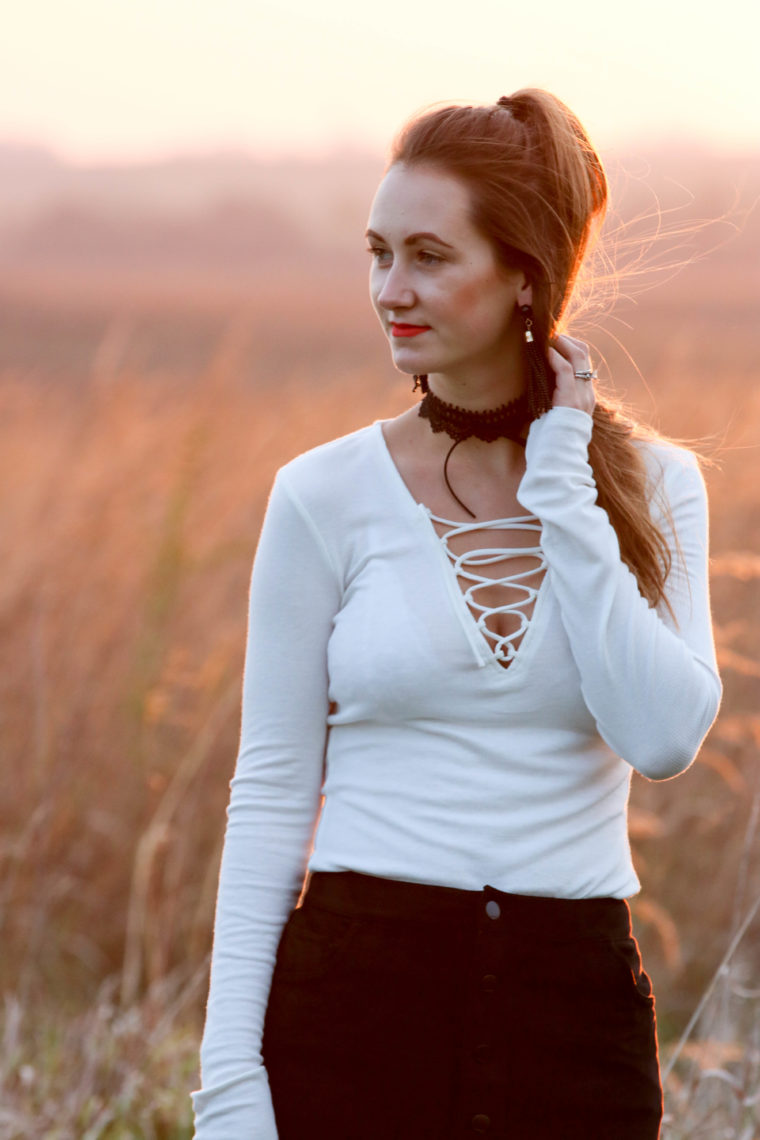 lace choker, lace up top, tassel earrings, suede skirt