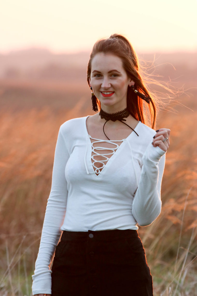 lace up top, black choker, tassel earrings, black and white look 