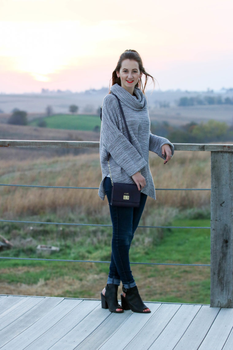 black booties, fall, turtleneck sweater, sunset