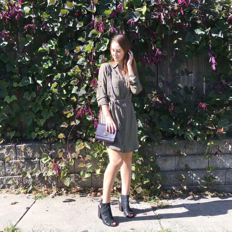 olive green dress, black booties, fall, GiGi New York