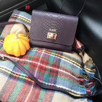 mini pumpkin, plaid blanket scarf, purple bag, GiGi New York