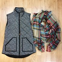 herringbones vest, J Crew, plaid scarf, blanket scarf, fall