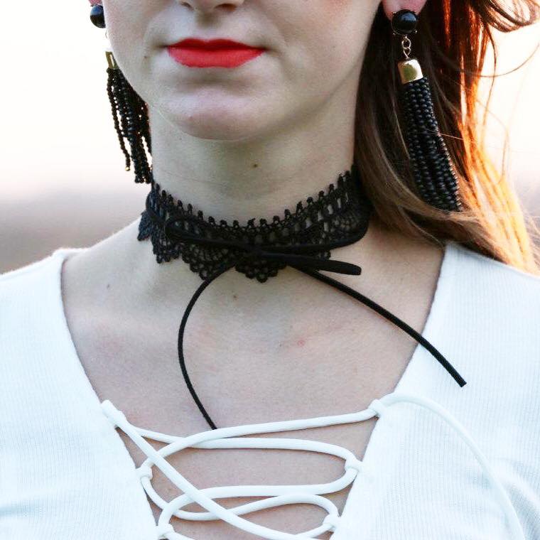 lace choker, Baublebar, tassel earrings, lace up top, Express