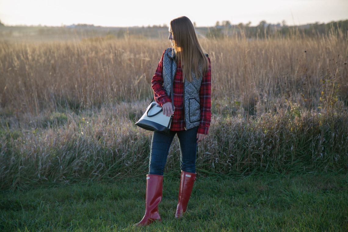 red Hunter boots, herrinbones vest, plaid flannel, fall