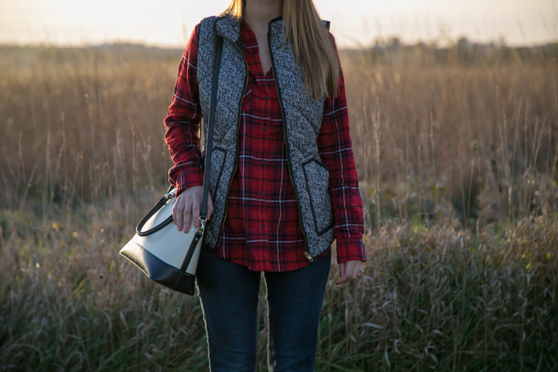 Kate Spade bag, puffer vest, red flannel, fall look, fall