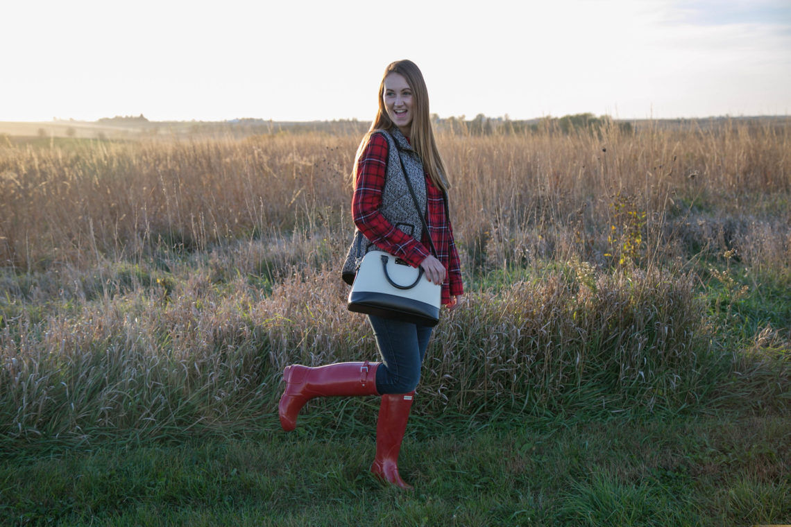 Hunter boots, puffer vest, plaid flannel, fall look