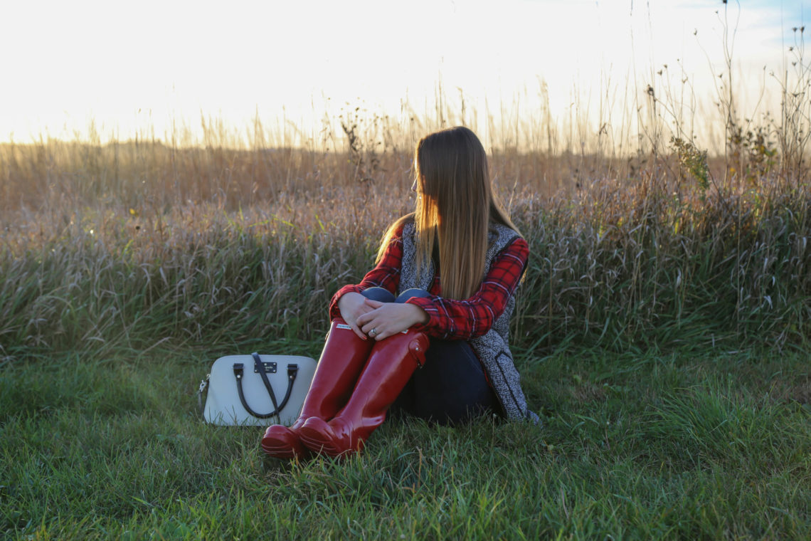 Hunter boots, herringbones vest, Kate Spade bag, fall look