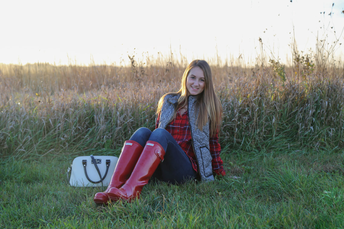 glossy Hunter boots, puffer vest, red flannel, fall outfit