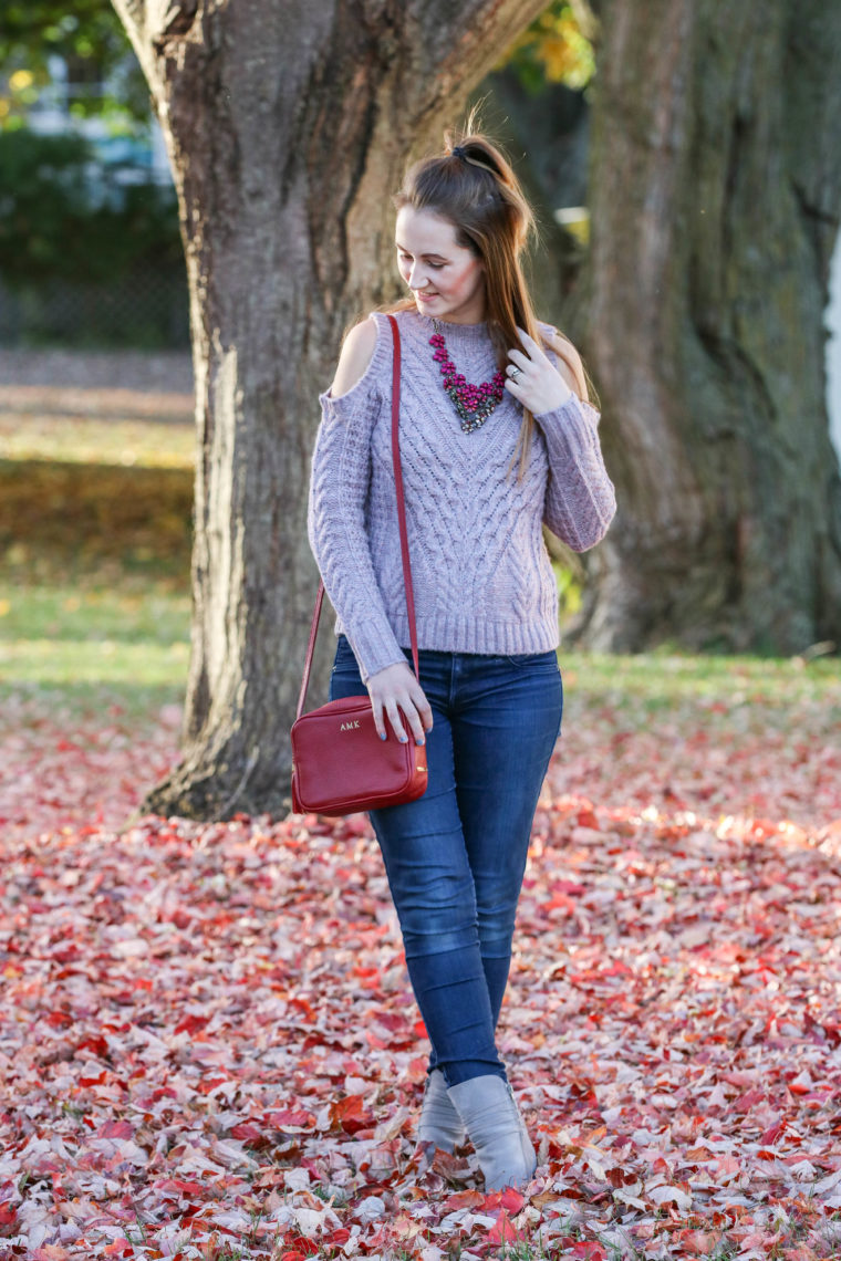 statement necklace, Baublebar, red bag, fall leaves, soft sweater