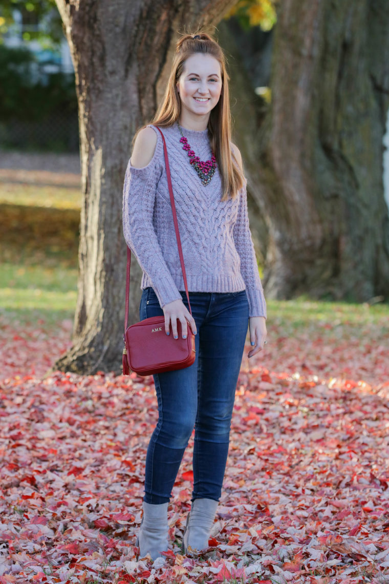 cold shoulder sweater, grey booties, red leaves, fall outfit
