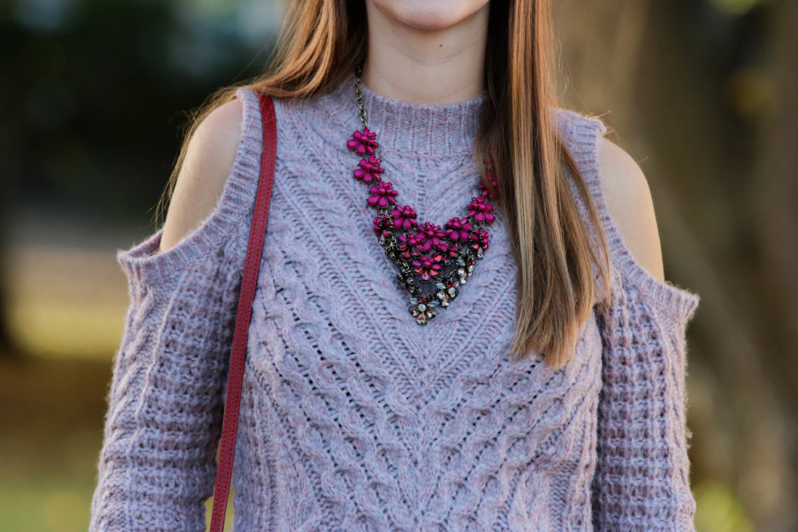 statement necklace, purple sweater, Buablebar necklace